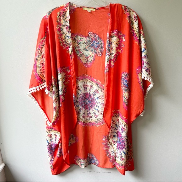 Gianni Bini red abstract medallion print kimono style cover up with pompom trim - Picture 1 of 7